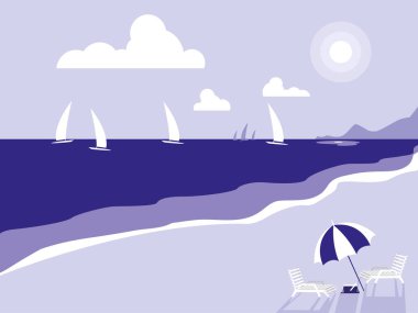 Tropikal plaj deniz manzarası sahne vektör çizim tasarım