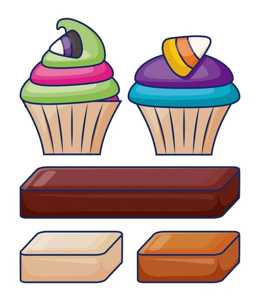 Leckeres süßes Cupcake-Gebäck mit Riegel Bonbons — Stockvektor