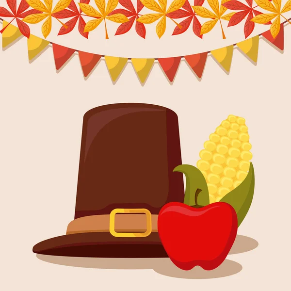 Chapeau de pèlerin de jour d'Action de grâces avec épi et pomme — Image vectorielle