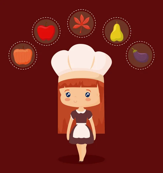 Cute chef with set icons of thanksday — стоковый вектор