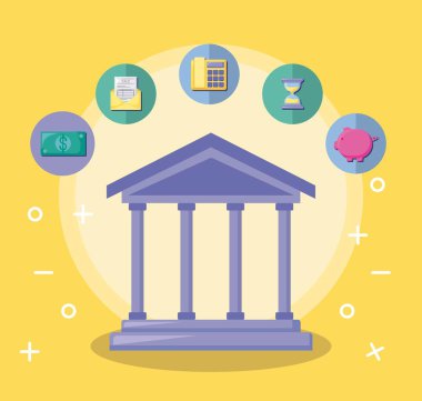 Ekonomi ve finansal simgeler ile bina banka