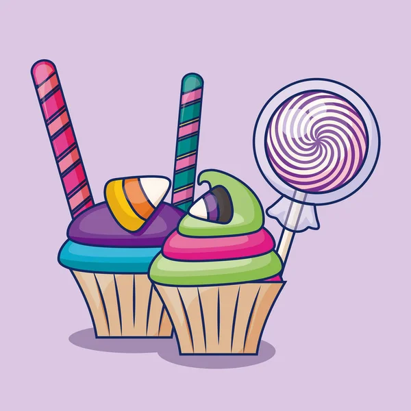 Leckere süße Cupcakes mit Bonbons — Stockvektor