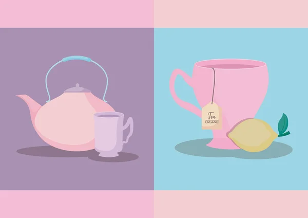 Teapot with tea cup of lemon — Stock Vector
