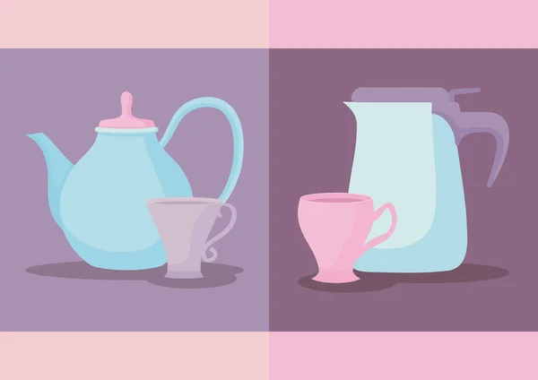 Набор чайников с чашкой изолированный значок — стоковый вектор