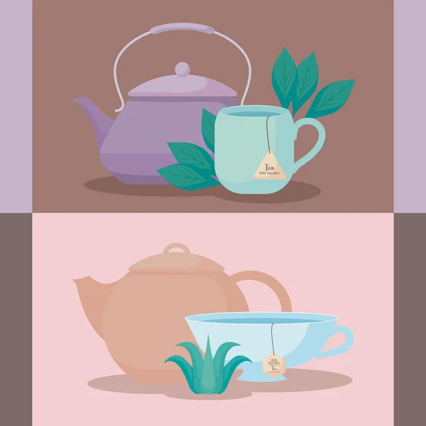 Juego de teteras con tazas de té de hierbas — Vector de stock