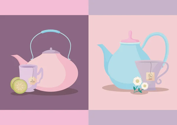 Set of teapots with tea cups isolated icon — Stock Vector