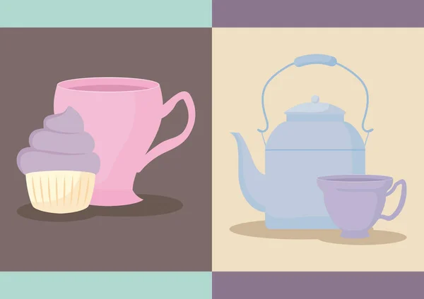 Delicious cupcake with teapot and cup — Stock Vector