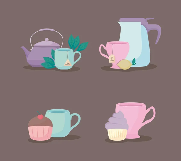 Набор чайников и чашек иконка чая — стоковый вектор