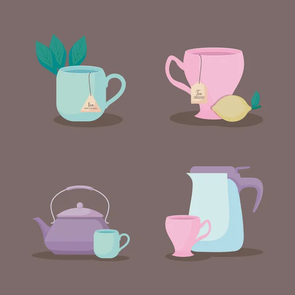 Conjunto de teteras y tazas icono del té — Vector de stock