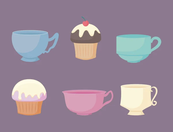 Kitchen teacups and cupcakes pastel color — Stock Vector
