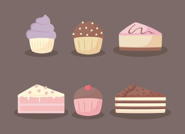 tatlı ve lezzetli pastalar ve kekler illüstrasyon tasarım vektör