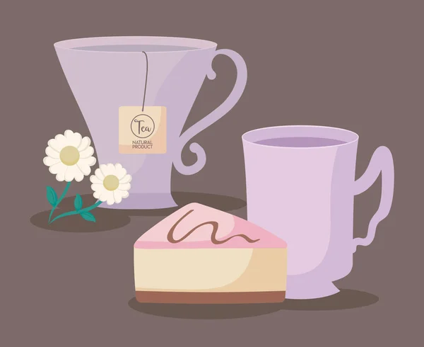 カップお茶スライス ケーキと自然 — ストックベクタ