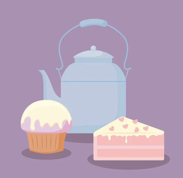 Teapot with sweet cake portion — Stock Vector