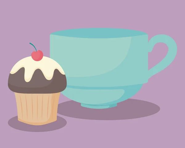 Teacup with sweet cupcake — Stock Vector