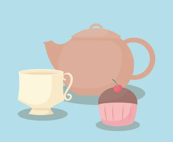 Teapot with sweet cupcake — Stock Vector