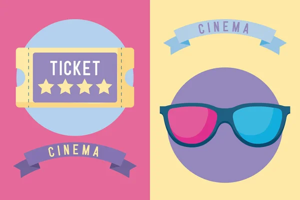 Ticket cinema met 3D-bril-pictogram — Stockvector