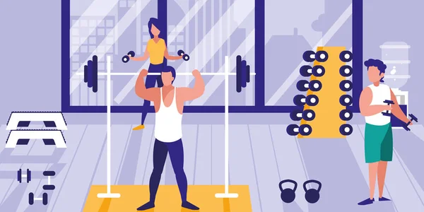 Personas levantando pesas en el icono del gimnasio — Vector de stock