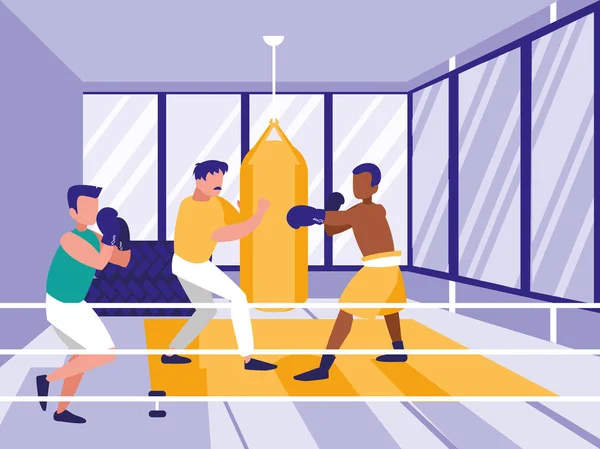 Men Practicing Boxing Gym Vector Illustration Design — Stock Vector