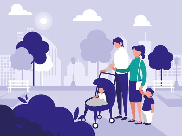 Cute family in park scene natural — Stock Vector