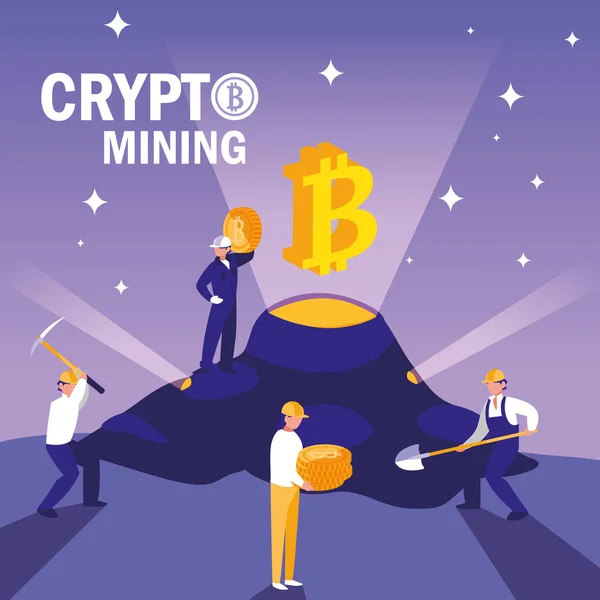 Trabajadores del equipo crypto minería bitcoins — Archivo Imágenes Vectoriales