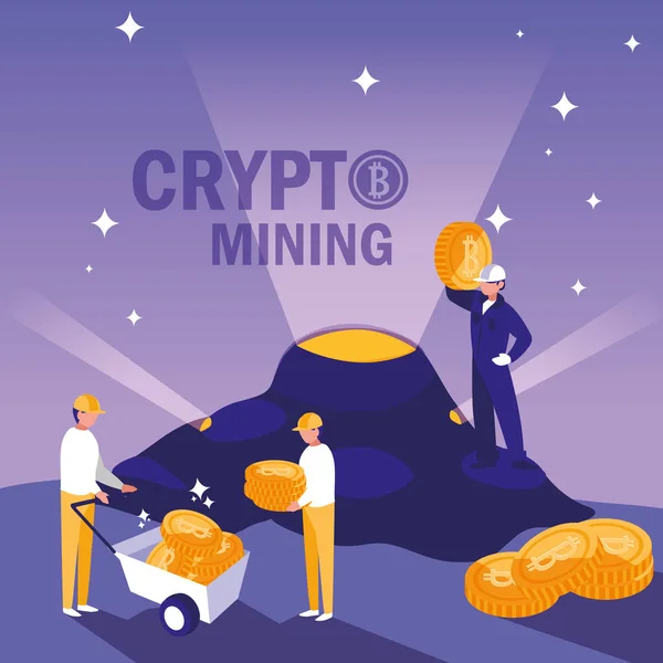 Teamworkers crypto mines Bitcoins — Image vectorielle