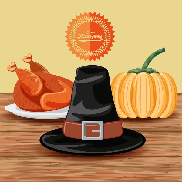 Pilgrim hat with turkey and pumpkin of thanksgiving day — Stock Vector