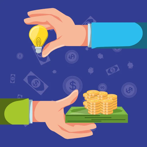 Mains avec ensemble icônes économie finance — Image vectorielle