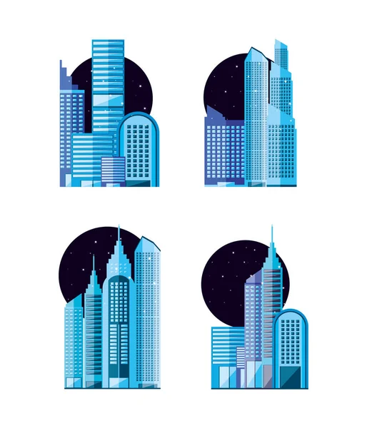 Ensemble de paysage urbain avec des bâtiments scène nuit — Image vectorielle
