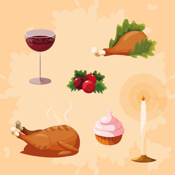 Kalkon middag av thanksgiving med uppsättning ikoner — Stock vektor
