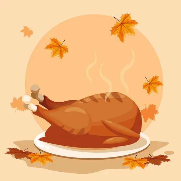 Cena de pavo del día de acción de gracias con hojas — Vector de stock