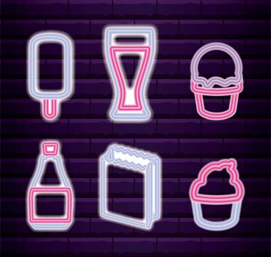 Set dondurma ile içki ve çanta neon ışık etiket kağıdı