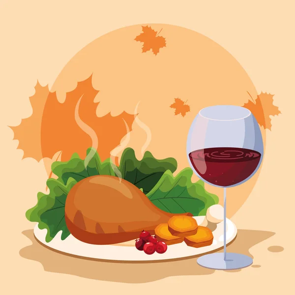 Cena de pavo del día de acción de gracias con vino de copa — Vector de stock