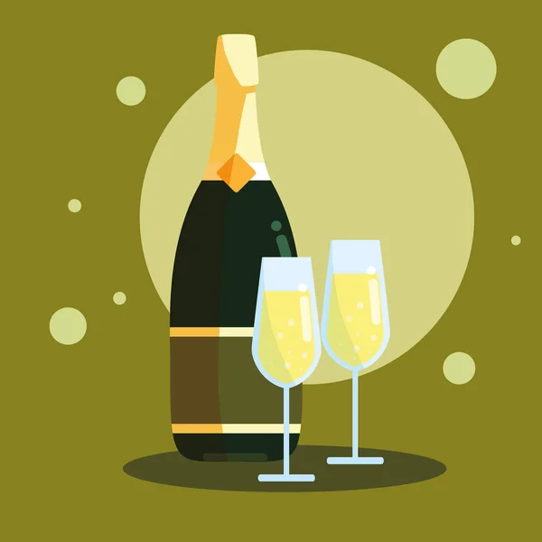 Garrafa de champanhe com copos —  Vetores de Stock