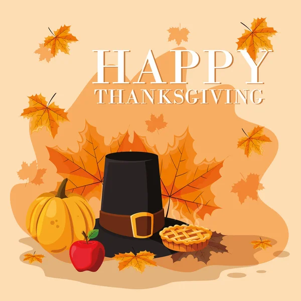 Pilgrim hat of thanksgiving day with set icons — Stock Vector