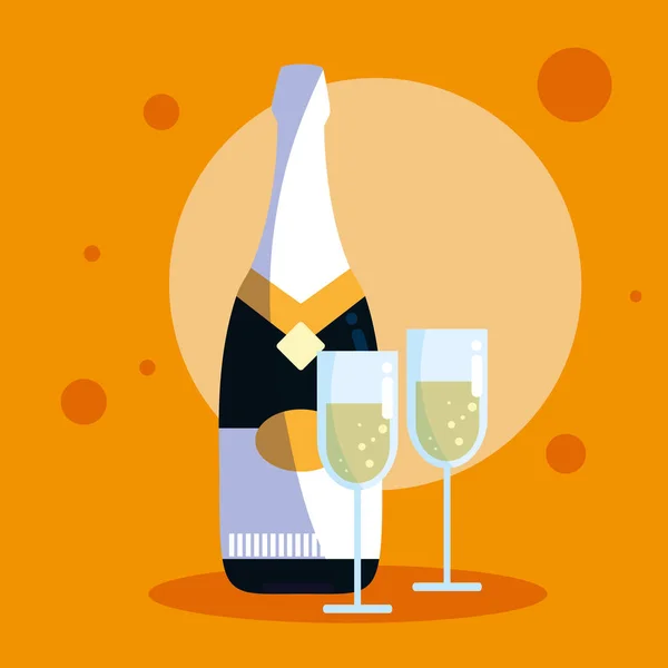 Garrafa de champanhe com copos —  Vetores de Stock
