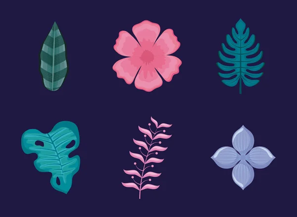 Ensemble de feuilles et de fleurs tropicales — Image vectorielle