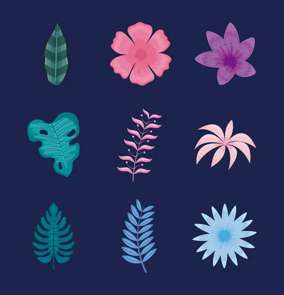 Ensemble de feuilles et de fleurs tropicales — Image vectorielle