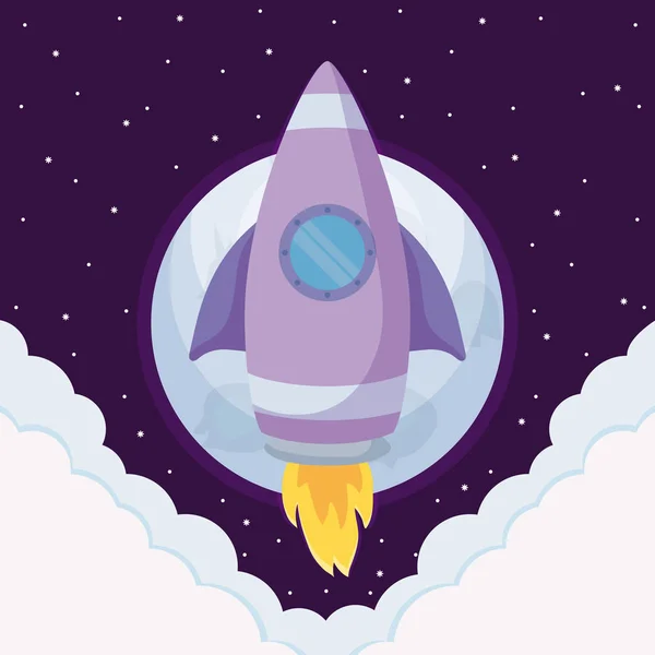 Cohete de arranque con nubes y luna — Vector de stock