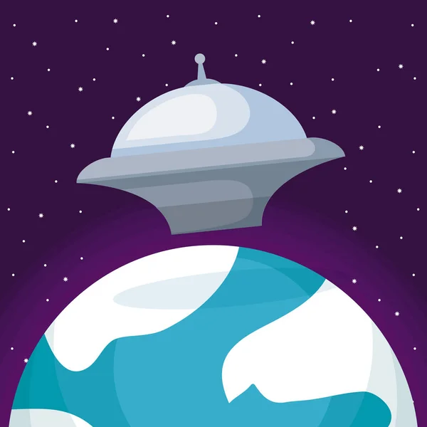 Nave espacial con el icono del planeta tierra — Vector de stock