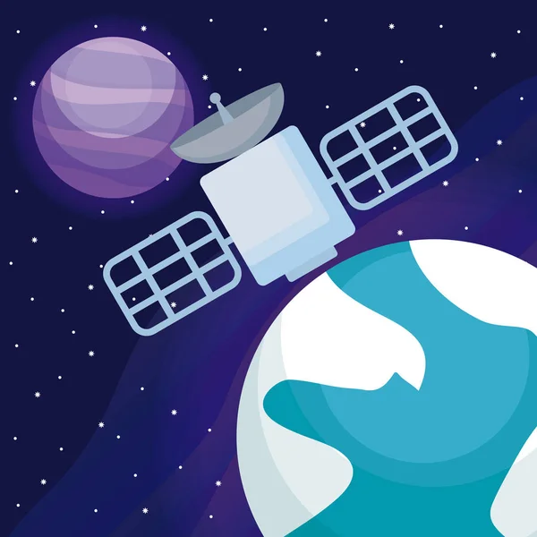Satellite spatial avec planète et monde — Image vectorielle