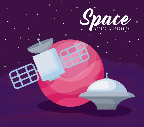 Space satellite with planet and spaceship — Stock Vector