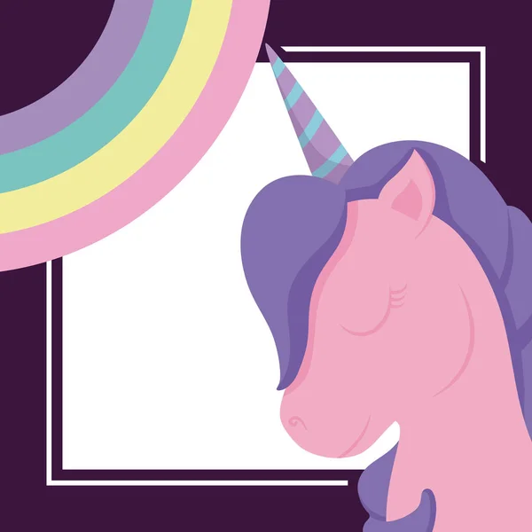 Head cute unicorn with rainbow of fairy tale — Stock Vector