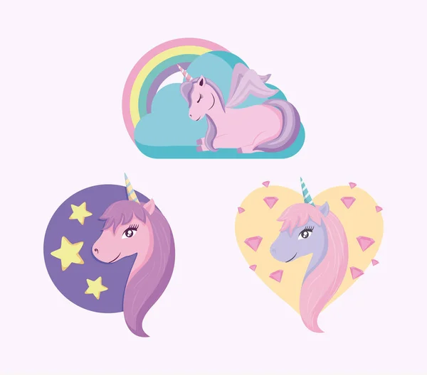 Set of cute unicorns fairy tale — Stock Vector