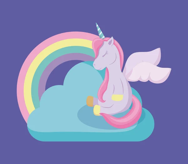 Unicorn lucu dongeng dengan pelangi dan awan - Stok Vektor