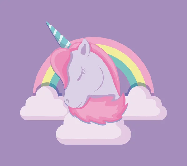 Kepala unicorn lucu dongeng dengan pelangi dan awan - Stok Vektor