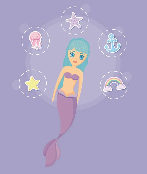 Sirena linda con iconos de conjunto — Vector de stock