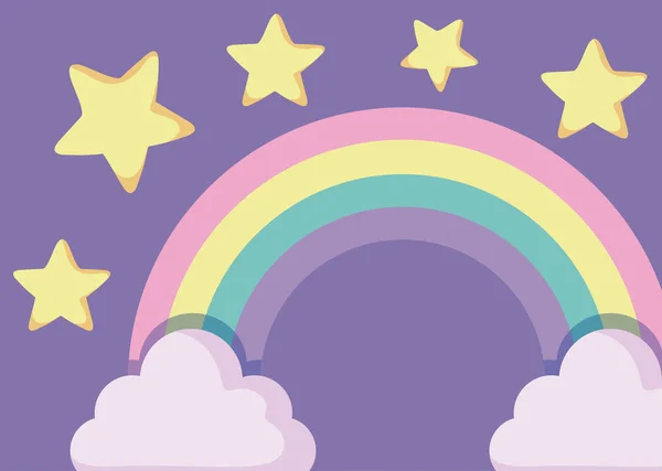 Lindo arco iris con nubes y estrellas — Vector de stock