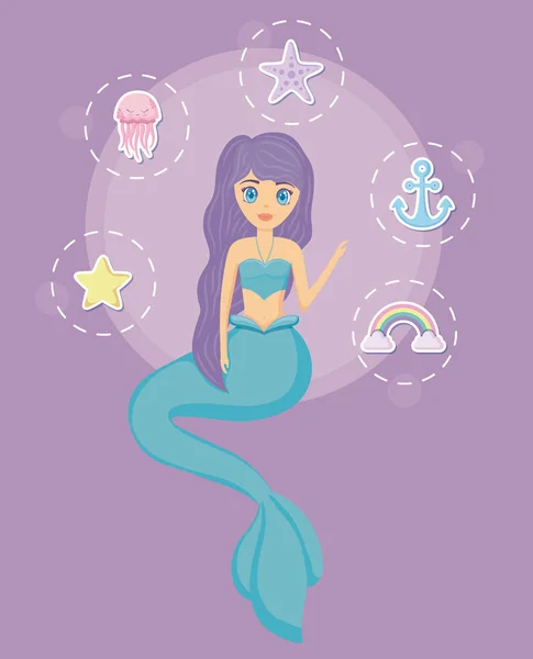 Sirène mignonne avec des icônes ensemble — Image vectorielle