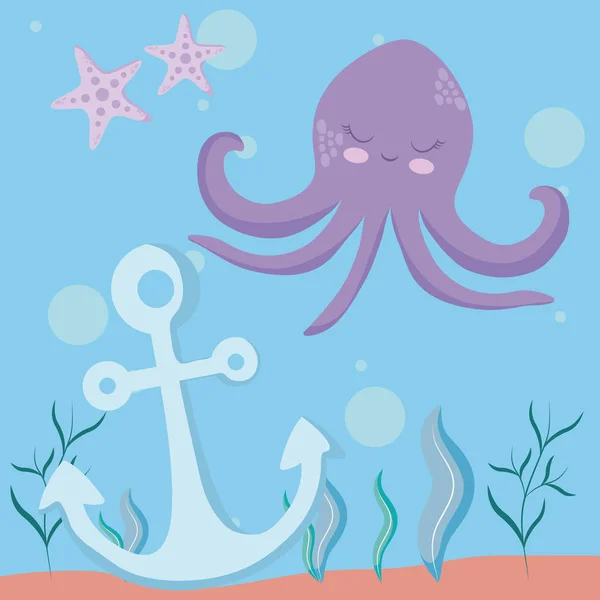 Niedlicher Oktopus mit Seestern und Anker — Stockvektor