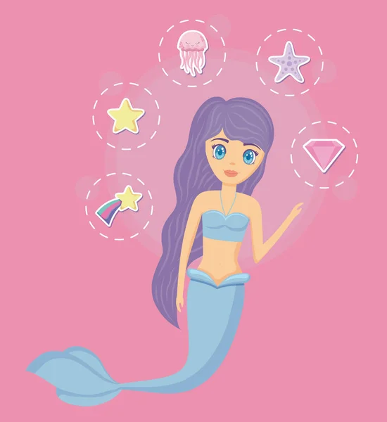 Sirena linda con iconos de conjunto — Vector de stock